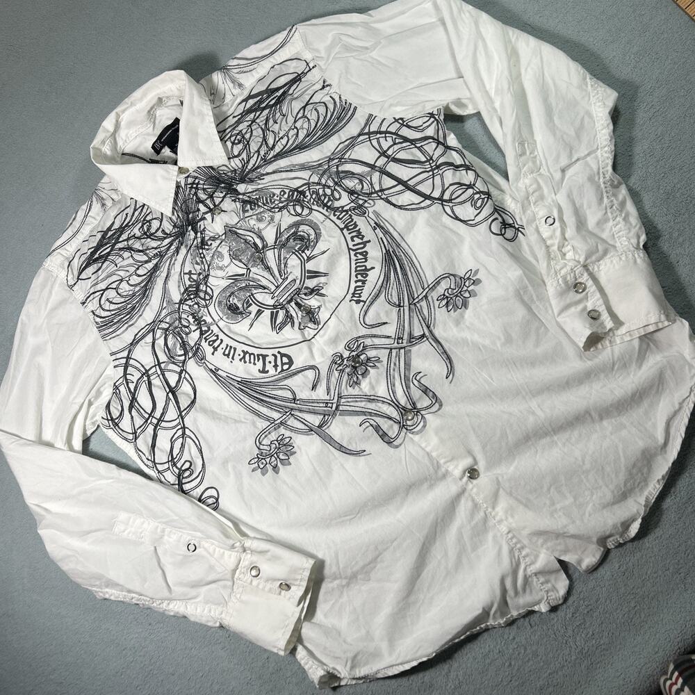 Y2k 2000s Affliction Stripe Cross Wing Stitch AOP Button Up Shirt Medium Vintage